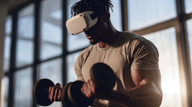 Virtual reality weight training with dumbbells in modern gym environment
