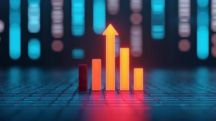 Glowing bar chart upward arrow digital data futuristic interface blue technology concept illuminated progress analytics business finance success graph statistics with glowing orange bars - Powered by Adobe