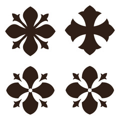 Four dark ornate decorative cross shapes with petal like accents on a white background © MALA