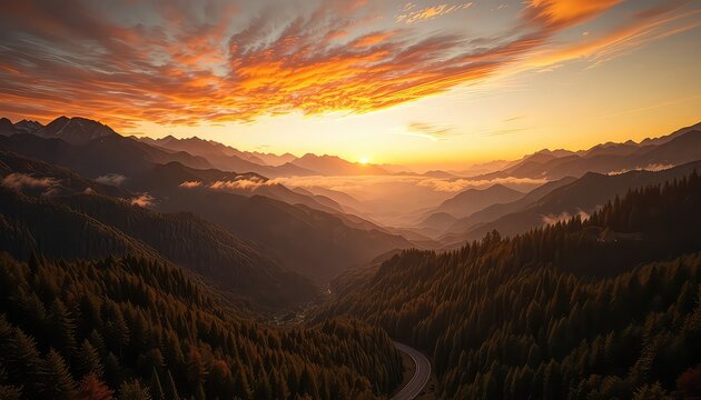 Scenic view of mountain ranges covered in lush green forests during a vibrant sunrise with soft clouds in the clear sky - Powered by Adobe