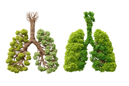 Two lungs, one healthy, one unhealthy, formed from trees