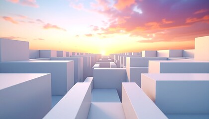 Obraz premium Geometric City at Sunset: A geometric cityscape is bathed in the warm glow of a sunset, where the city streets disappear into the distance, offering a sense of tranquility and spatial depth.