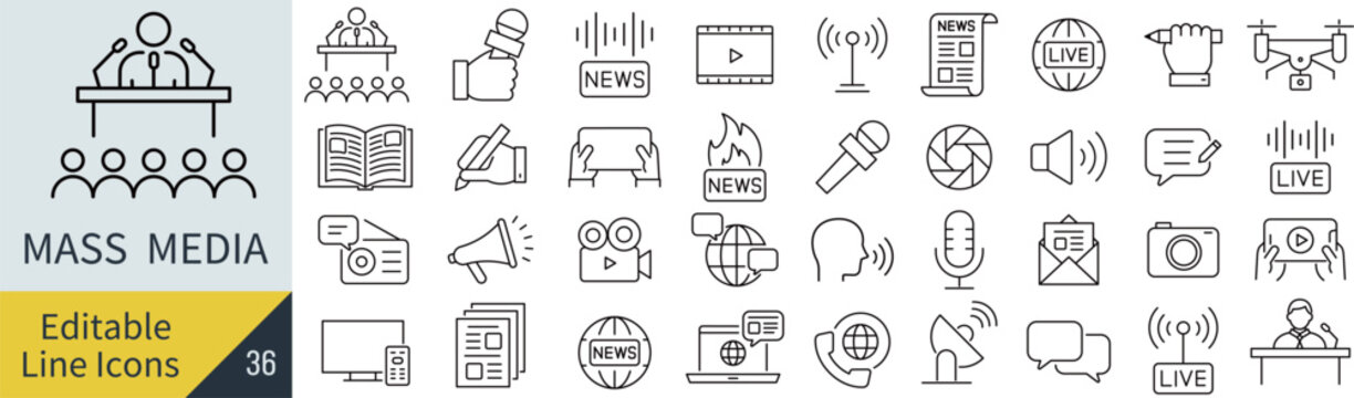 線の編集ができるマスメディアに関するアイコンセット（アウトライン化していない）
