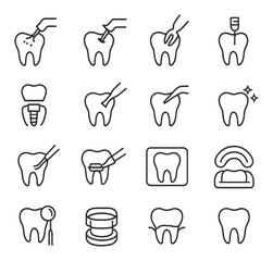 Dental linear icon set. containing tooth, brushing, implant, whitening, cavity, floss, orthodontics and more.