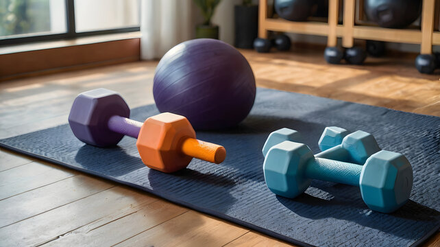 Home gym setup with various fitness equipment like colorful dumbbells and a stability ball on a yoga mat for a healthy workout.