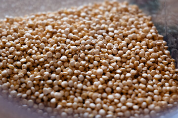 Close-up of raw quinoa in a glass jar. Superfood. Storage concept