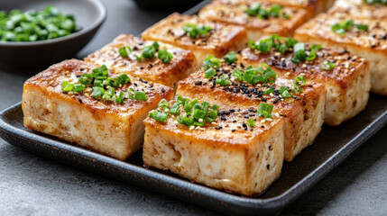 Crispy tofu slices garnished with green onions on rectangular plate, showcasing delicious dish