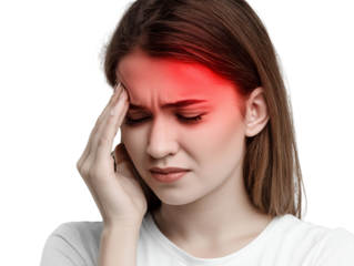PNG of Frustrated young woman with a headache, holding her forehead in discomfort.