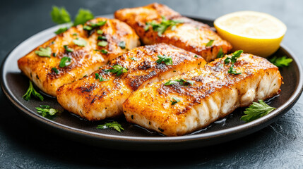 Grilled fish fillets garnished with herbs and lemon on black plate, showcasing delicious meal