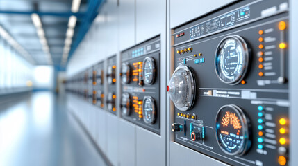 Control panel displaying critical reactor readings with illuminated gauges and indicators