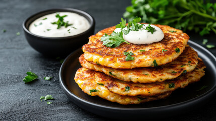 Delicious corn fritters topped with sour cream and fresh herbs, perfect for snack