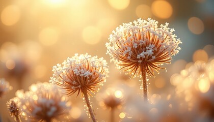 Frosty Dandelions Glow in the Morning Light, their Delicate Petals Capped with Tiny Crystals, a Beautiful Display of Winter's Touch