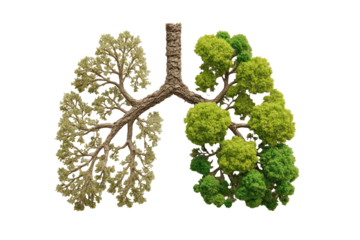 Lungs depicted as a bifurcated tree, one side light brown, other vibrant green, representing healthy and unhealthy lung function