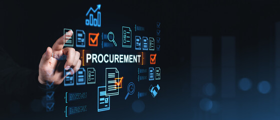 Digital procurement system interface with hand interacting and futuristic icons representing business process automation and document management concept.