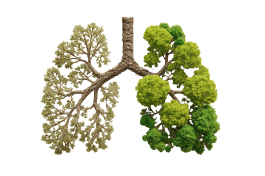 Lungs depicted as a bifurcated tree, one side light brown, other vibrant green, representing healthy and unhealthy lung function