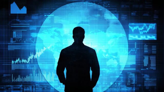 Silhouette person with digital globe financial chart data visualization technology business innovation global analytics showcasing advanced data analysis and global information flow futuristic - Powered by Adobe