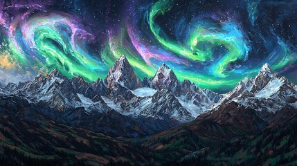 Brilliant aurora borealis swirling above a snowy mountain range vivid green purple and blue streaks lighting up the cold night sky
