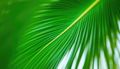 Obraz premium A vibrant green palm frond displaying detailed lines and textures with a blurred background creating depth