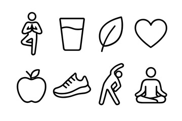 Healthy Lifestyle Icons: Yoga, Water, Leaf, Heart, Apple, Running Shoe, Stretching, and Meditation