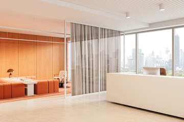 Modern office interior design with minimalist reception and cozy lounge area separated by glass and curtains, overlooking city skyline concept. 3D Rendering