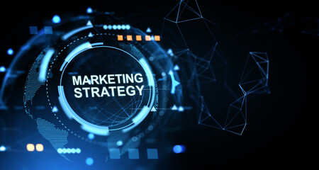 Digital marketing strategy concept with futuristic interface elements and glowing blue tech graphics on dark background for business innovation. 3D Rendering