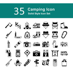35 Camping Icons Set in Solid Style for Outdoor Adventure