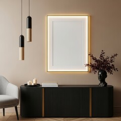 Elegant interior with illuminated frame and modern furniture