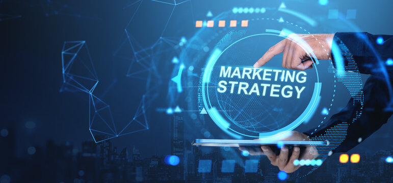 Digital marketing strategy concept with businessman touching virtual interface on tablet over futuristic cityscape background and glowing network elements.