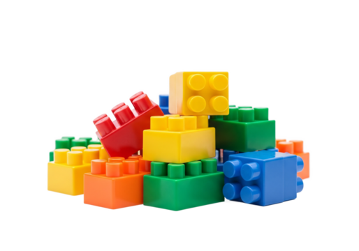 A colorful pile of interlocking building blocks for children s creative play and education isolated on transparent background