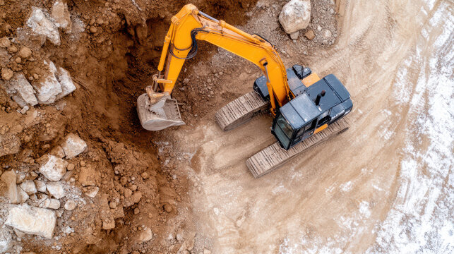 Excavator digging in large excavation site with rocky terrain and dirt