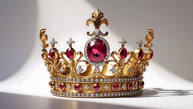 Ornate gold crown with red ruby and diamond embellishments on a light gray background royal