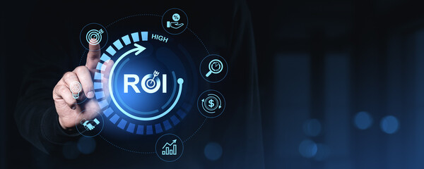 Hand interacting with virtual ROI growth interface and business icons illustrating financial performance concept in digital style on dark blue background.