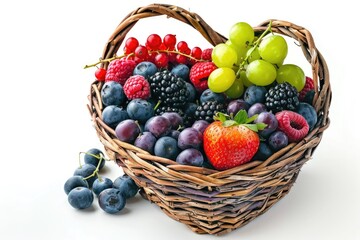 Pixel Perfect Image of Heart Shape Basket Full of Fruits Isolated on White Background