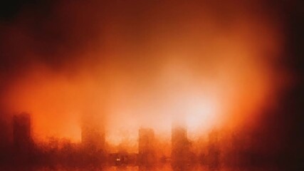 Eerie cityscape obscured by hazy, fiery orange glow