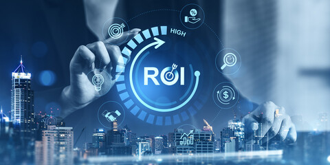 Businessman interacting with ROI interface showing return on investment concept with futuristic graphics and cityscape background at night time.
