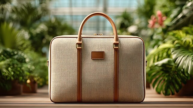 Beige fabric briefcase sits on a wooden surface.