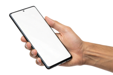 Hand holding a modern smartphone with blank screen isolated on transparent background