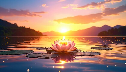 Pink Lotus Flower On Calm Water At Sunset