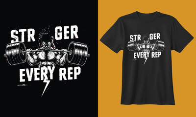 Motivational gym t shirt design featuring dumbbells and the phrase stronger every rep