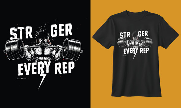 Motivational gym t shirt design featuring dumbbells and the phrase stronger every rep