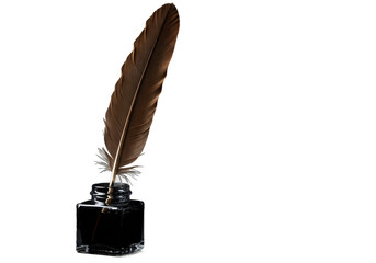 A vintage brown quill feather pen stands upright in a small glass inkwell filled with dark ink isolated on transparent background