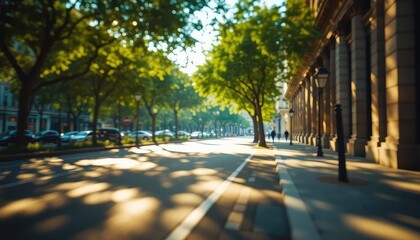 Obraz premium Sunlight dappled street with tall trees and imposing structure, a glimpse of everyday life in a vintage setting