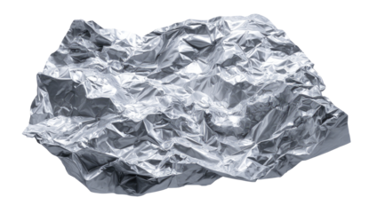 Crinkled sheet of metallic foil, crumpled and draped.  A wrinkled,  silver-gray  material,  with  distinct folds and creases