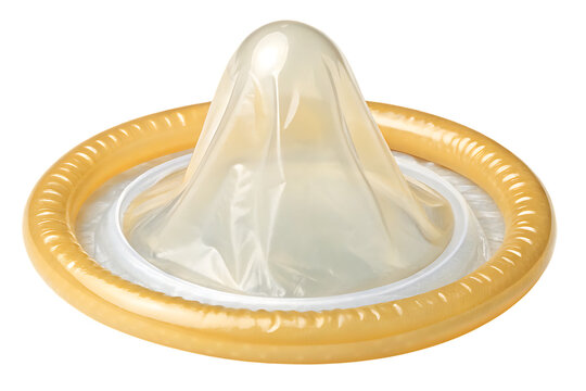 Natural latex condom with ribbed edges and lubricated surface for safe intimate protection, isolated on a transparent background