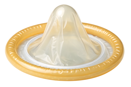Natural latex condom with ribbed edges and lubricated surface for safe intimate protection, isolated on a transparent background