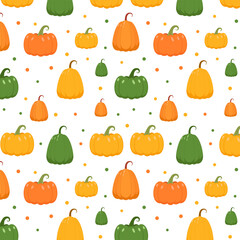 Happy halloween seamless pattern.Colorful pumpkins repeat pattern isolated on white background.Squash, pumpkin, autumn, harvest season, vector graphic illustration.