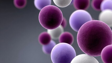 Colorful abstract illustration of floating spheres in various sizes and shades, creating a dynamic visual effect against a soft gradient background, representing molecular structures and scientific co