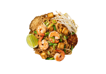 Perfectly composed Pad Thai dish with translucent noodles, pink shrimp, tofu, sprouts, peanuts, lime, chili in white bowl on transparent, high-angle studio lit. Concept for food advertising
