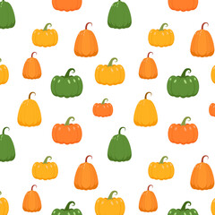 Colorful pumpkins repeat pattern isolated on white background.Happy halloween seamless pattern.Squash, pumpkin, vegetable, food, autumn, harvest season, vector graphic illustration.