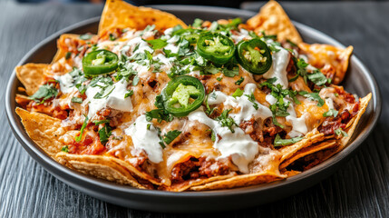 Loaded nachos with cheese, jalapenos, and sour cream create delicious and satisfying dish